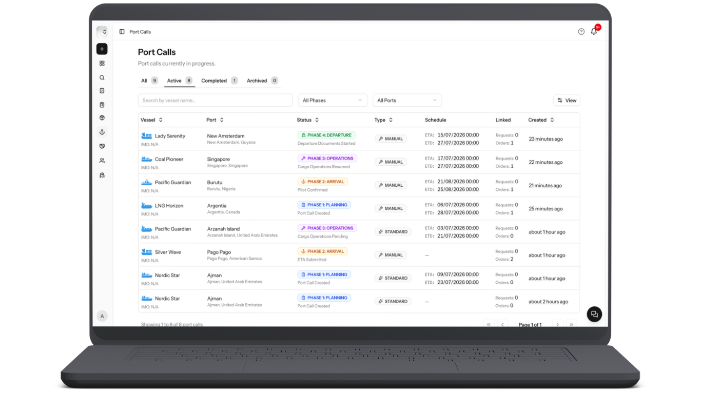 PortzApp Port Calls dashboard listing active vessels with their ports, schedules, phases, and linked requests