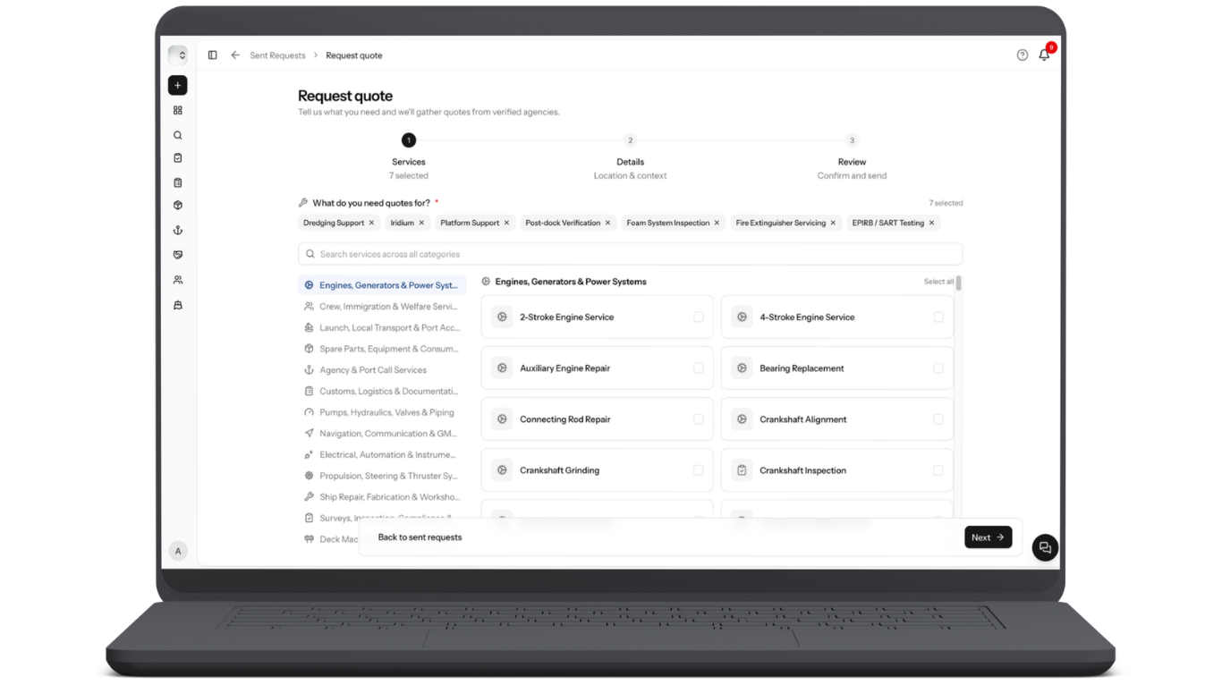 PortzApp Request Quote screen where a charterer selects the services needed and gathers quotes from verified agencies