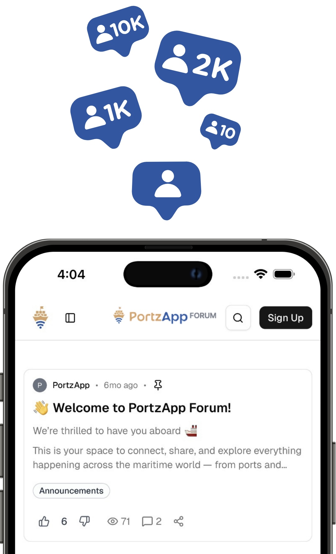 Mobile phone showing the PortzApp Forum welcome post with community member count badges