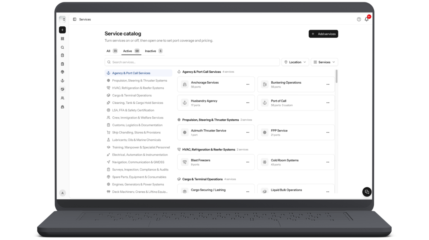 PortzApp Service Catalog listing active and inactive port call services grouped by category with pricing coverage