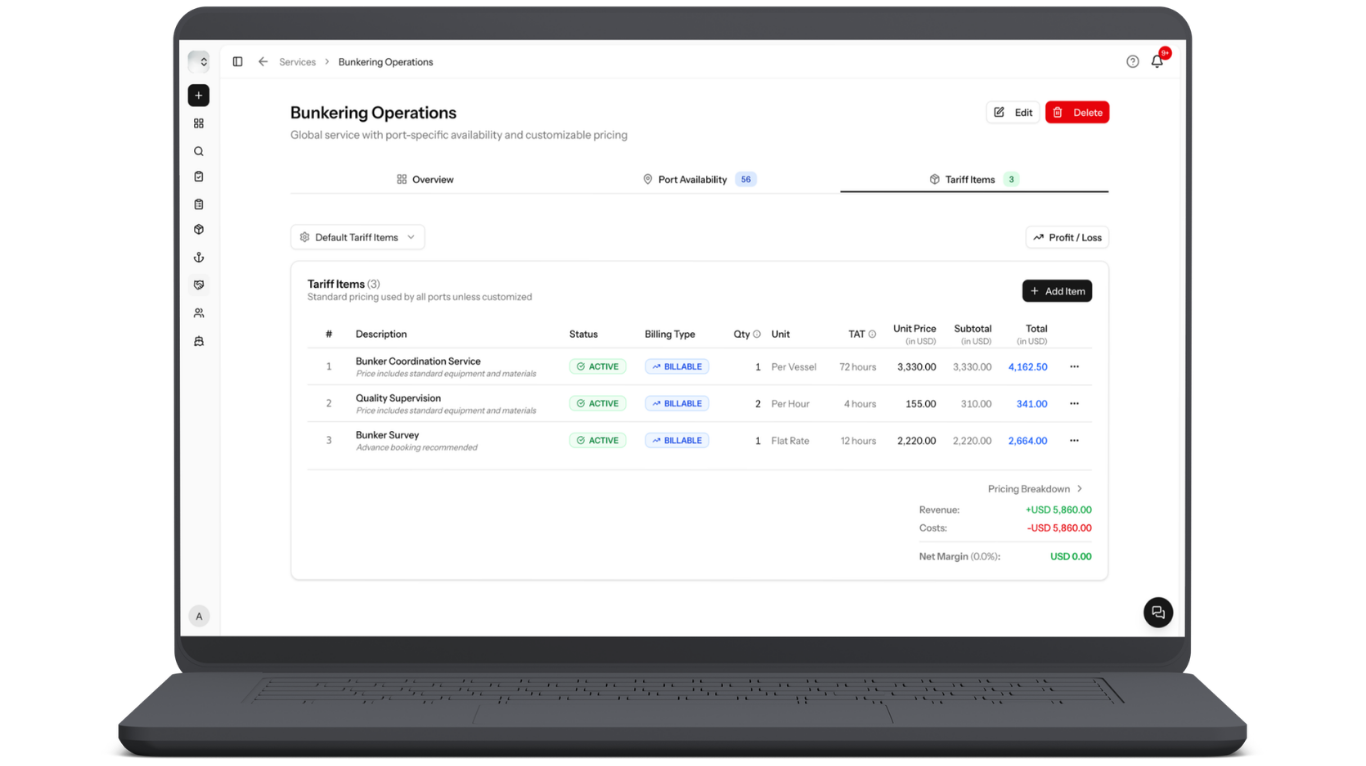 PortzApp Bunkering Operations service page showing tariff items with unit prices, billing types, and a revenue and cost breakdown