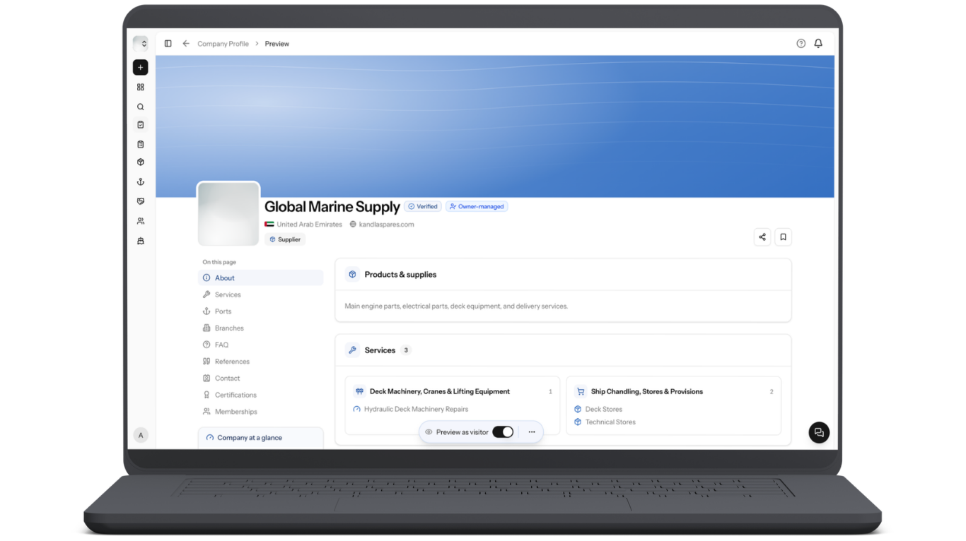 PortzApp Company Profile preview for Global Marine Supply showing products, services, ports, and branches