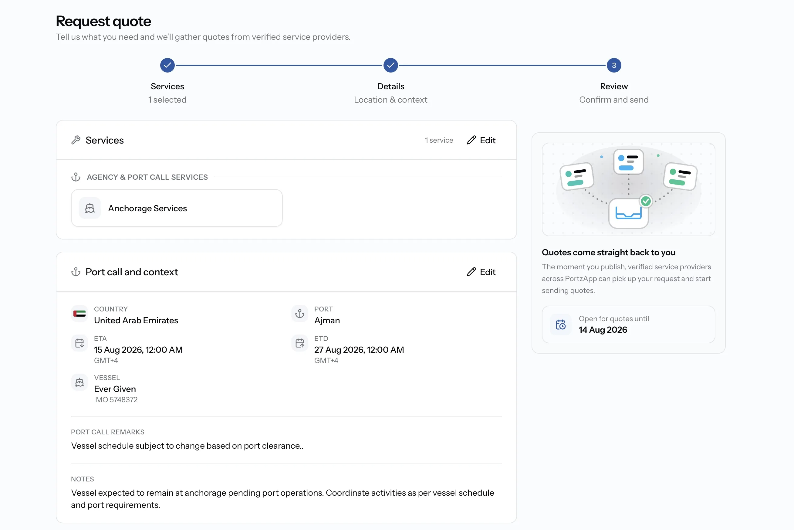 PortzApp Request quote Review step with services, port call and context, and Quotes come straight back to you panel